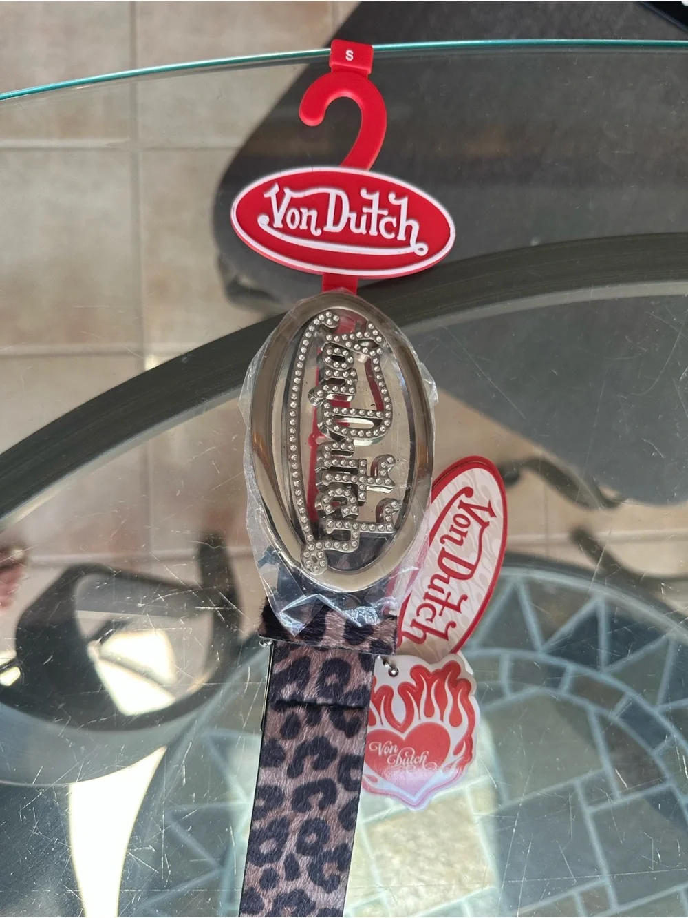 Von Dutch Leopard Print Rhinestone Logo Belt BNWT Size S / XL